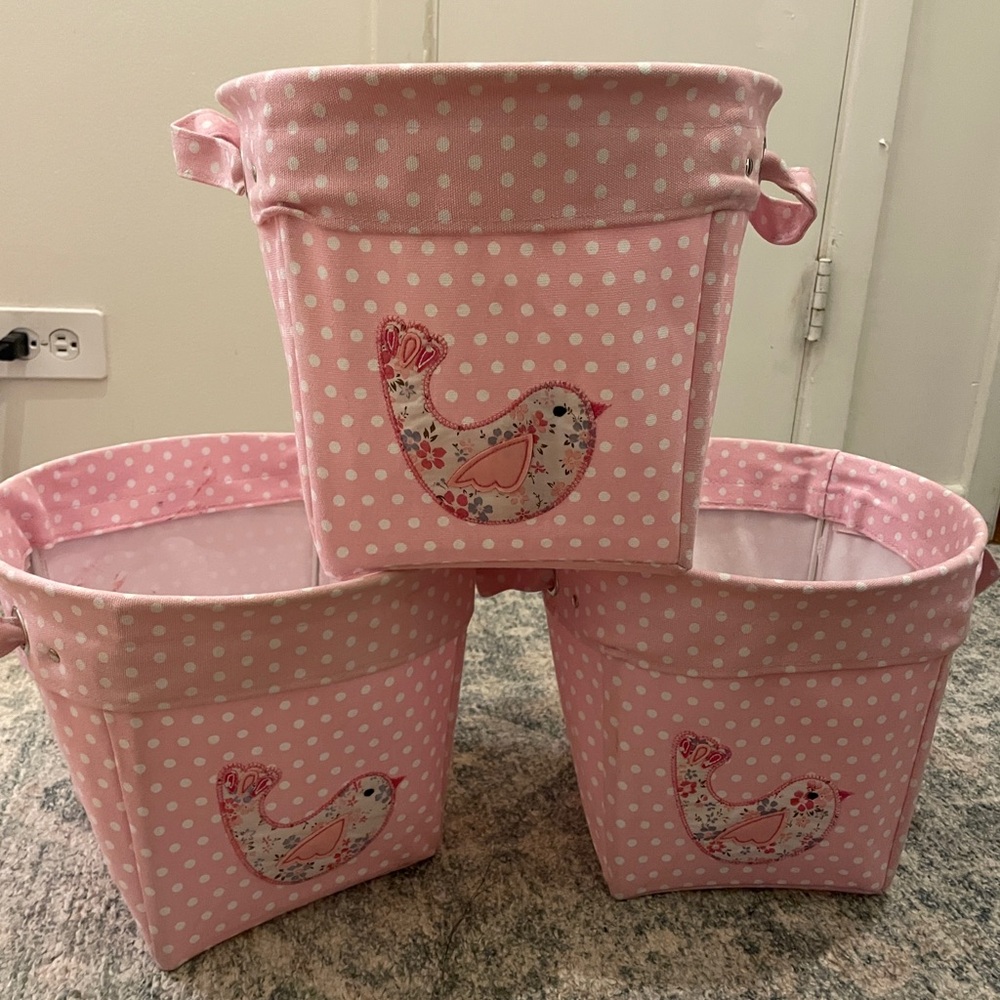 Potterybarn Kids  Bird embed Pink Polka Dot Kids Storage Basket Bin Set of 3